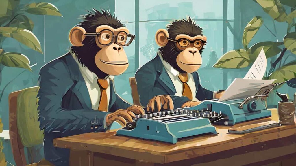 Anthropomorphized Monkeys Dressed in Business Suits Typing on Typewriters