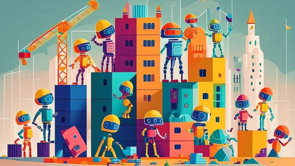 Robots on a Construction Site Building Blocks