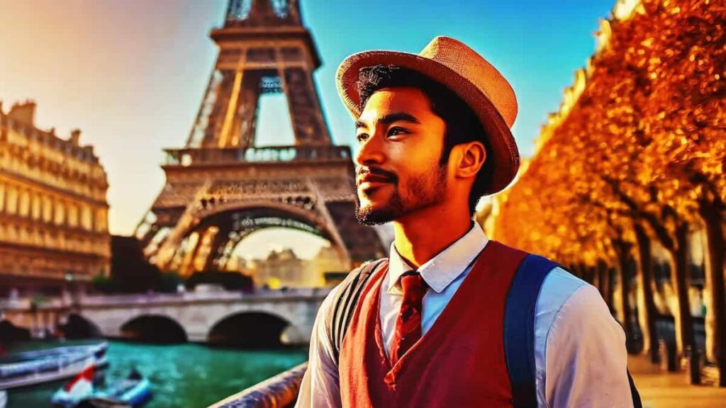 Traveler in Paris Wearing a Vest and Hat in Front of the Eiffel Tower